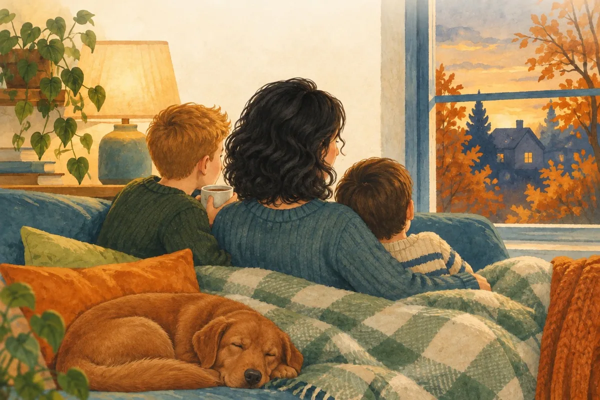 Watercolour illustration of a mother and her two sons on a sofa with their sleeping fox-red Labrador, looking out at an autumn evening